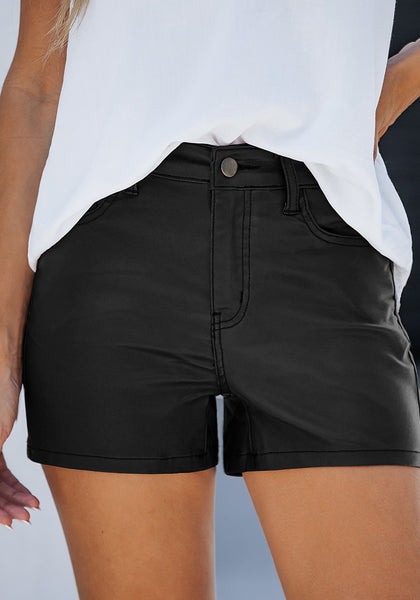 Black Women's Comfy High Waisted Stretchy Faux Leather Denim Pants Shorts