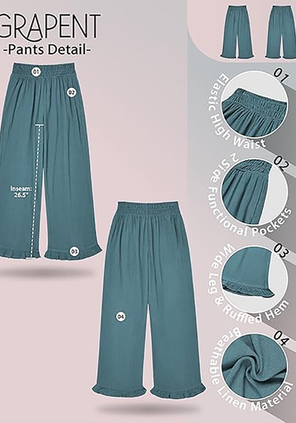 LookbookStore Women Lake High Waist Linen Pants Wide Leg Ruffle Hem Elastic Waist Cropped Ankle Beach Summer Casual Pants