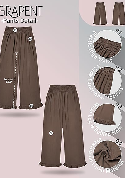 LookbookStore Women Coffee Brown High Waist Linen Pants Wide Leg Ruffle Hem Elastic Waist Cropped Ankle Beach Summer Casual Pants
