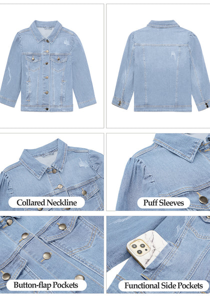 Azure Mood Women's Brief Vintage Distressed Stretchy Puff Sleeve Denim Jackets