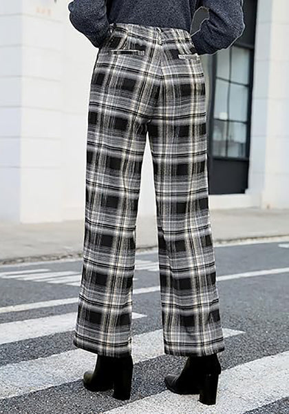 Black & White Plaid Palazzo Pants Women High Waist Wide Leg Trousers with Pockets Comfort Fall Winter Vintage Office