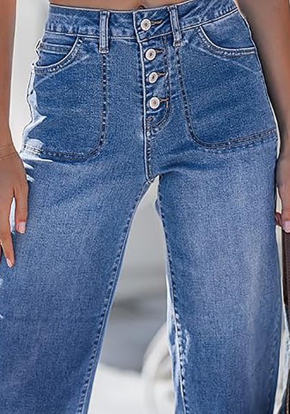 Women's High Waisted Multi Button Wide Leg Denim Jeans Casual Relaxed Daily Wear Functional Pockets
