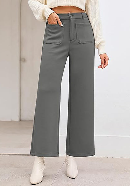 Grey Women's  High Waist Relaxed Fit Wide Leg Cropped Length Style Casual Pants With Pockets