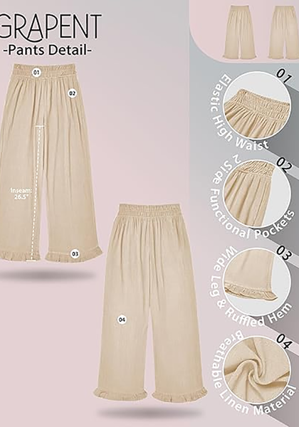 LookbookStore Women Beige High Waist Linen Pants Wide Leg Ruffle Hem Elastic Waist Cropped Ankle Beach Summer Casual Pants