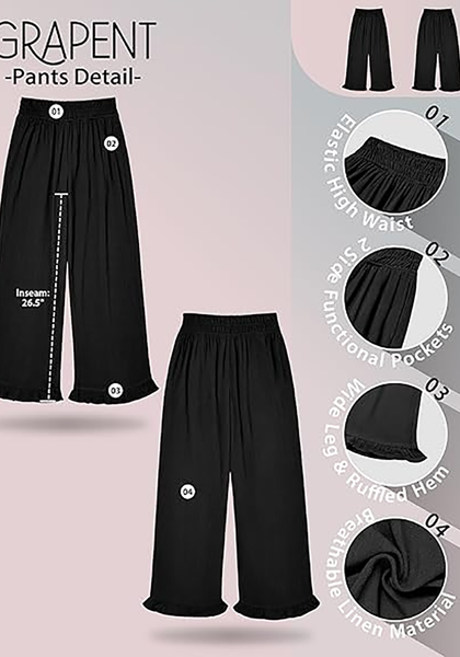 LookbookStore Women Black High Waist Linen Pants Wide Leg Ruffle Hem Elastic Waist Cropped Ankle Beach Summer Casual Pants