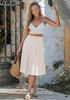 LookbookStore Women Beige Pleated Linen Midi Skirt Elastic High Waist A Line Summer Skirt with Pockets