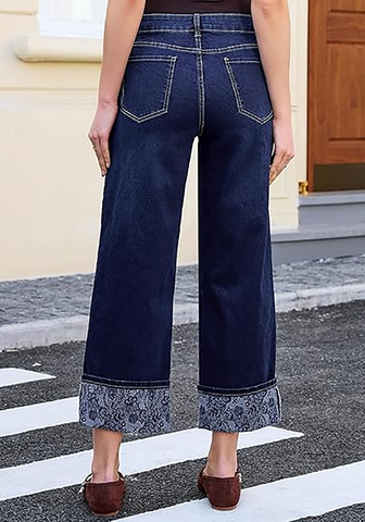 LookbookStore Women's Floral Darkness Blue High Waisted Cropped Wide Leg Jeans Trendy Printed Fold Hem Loose Straight Stretchy Denim Pants