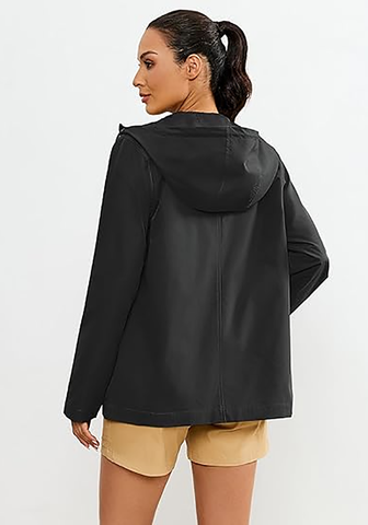 LookbookStore Women's Black Waterproof Lightweight Rain Jacket, Adjustable Hood Windbreaker Rain Coat for Hiking & Travel