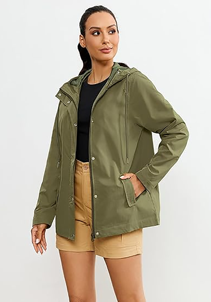 LookbookStore Women's Army Green Waterproof Lightweight Rain Jacket, Adjustable Hood Windbreaker Rain Coat for Hiking & Travel