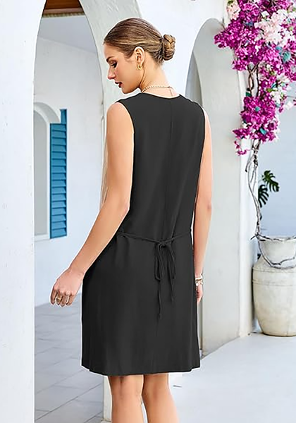 LookbookStore Women's  Black Knee Length Linen Dress – Sleeveless V Neck Button Down, Self Tie Waist & Side Pockets