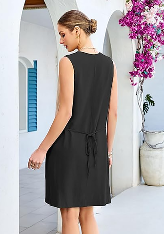 LookbookStore Women's  Black Knee Length Linen Dress – Sleeveless V Neck Button Down, Self Tie Waist & Side Pockets