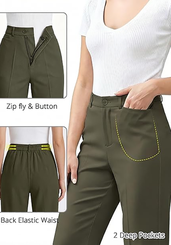 LookbookStore Women Olive Green Ankle Straight Leg Dress Pants, Elastic Waist Business Casual Office Work Trousers with Pockets