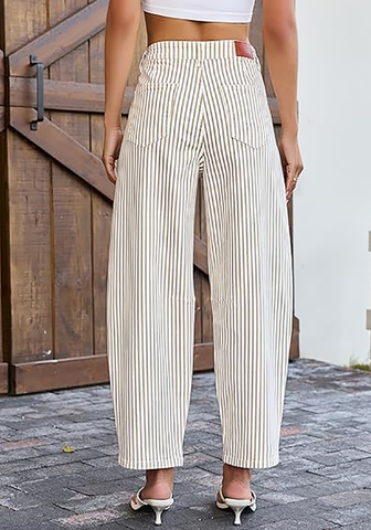 LookbookStore Women's Khaki Trendy Barrel Jeans Baggy Wide Leg Pinstripe High Waisted Cropped Stretchy Denim Pants