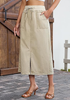 LookbookStore Women Sand High Waist Jean Midi Skirt Elastic Drawstring Denim Long Skirt with Pockets Front Split Design