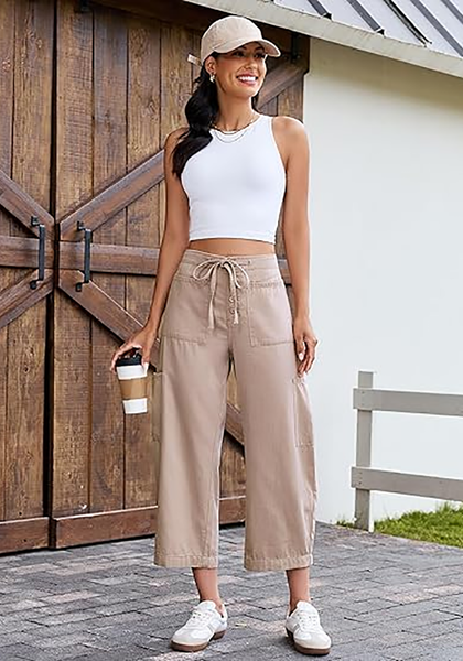 LookbookStore Women's Smoky Rose Trendy Barrel Jeans, High Rise Wide Leg Baggy Denim Pants with Elastic Drawstring Waist & Button Fly