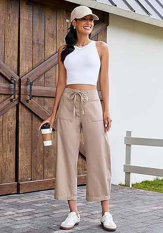 LookbookStore Women's Smoky Rose Trendy Barrel Jeans, High Rise Wide Leg Baggy Denim Pants with Elastic Drawstring Waist & Button Fly