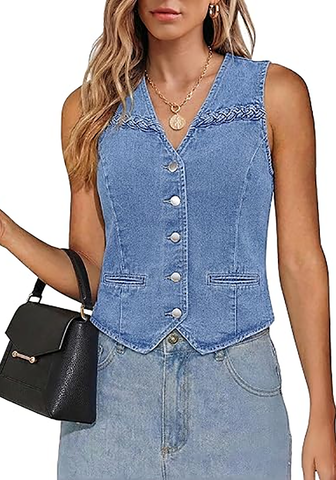 LookbookStore Women Bay Blue Casual Sleeveless Denim Vest Button Down Braided Adjustable Waist Western Jean Waistcoat
