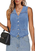 LookbookStore Women Bay Blue Casual Sleeveless Denim Vest Button Down Braided Adjustable Waist Western Jean Waistcoat