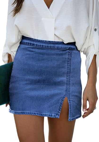 Classic Blue Women's Brief Pencil High Waist Bodycon Denim Mini Slit Skirts