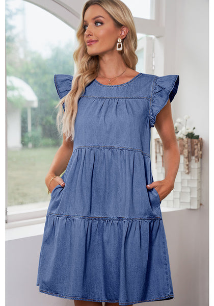 Bay Blue Women's Mini Denim Babydoll Sleeveless Ruffle Sleeve Pleated Dress
