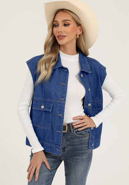 Classic Blue Women's Casual Oversized Button Down Sleeveless Jean Jacket with Pockets