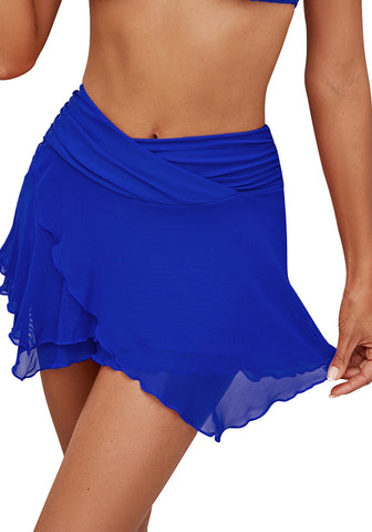 Royal Blue Women's Brief Criss Cross High Waisted Swim Skirt Layered Mesh Swimsuit Cover-Up