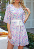 Blue Pink Floral Floral Babydoll Dress for Women Chiffon Cute Flowy Summer Beach Short Dresses with Pockets