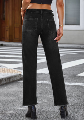 Washed Black Women's Straight Leg Pull On Denim Pant High Waisted Stretch