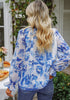 Blue Floral Women's Floral Ruffle Button Down Long Sleeve Blouse