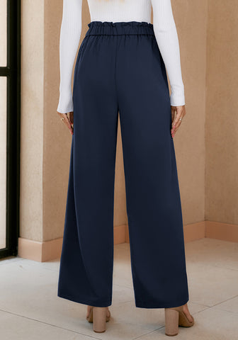 Dark Blue Women's Brief Elastic Waist High Waisted Wide Leg Pant with Belt