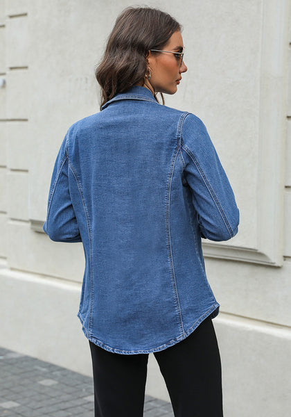 Classic Blue Women‘s Denim Oversized Button Down Long Sleeve Pocket Jacket
