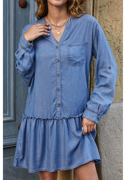Medium Blue Women's Brief Loose Denim Button Down Dress with Pockets