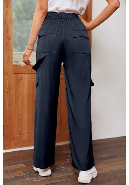 Dark Blue Women's High Waisted Elastic Waist Cargo Pants Stretch Y2K Style