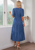 Classic Blue Women's A-Line Elastic Waist Midi Dresses Puff Sleeve Denim Dress