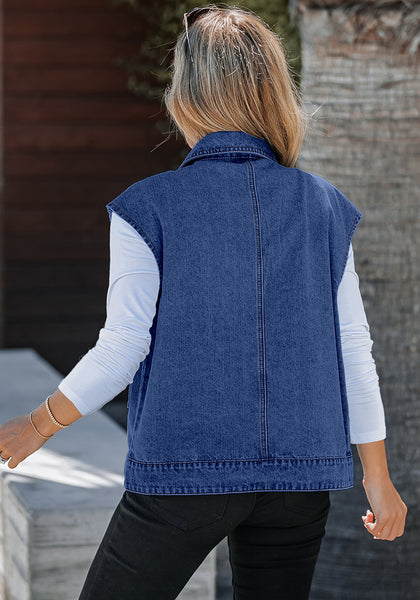 Classic Blue Women's Casual Oversized Button Down Sleeveless Jean Jacket with Pockets