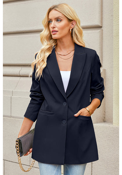 Navy Blue Women's Long Professional Office Casual Pocket Lapel Blazers