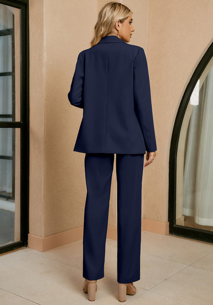 Navy Blue Women's Business Casual 2 Piece Blazer Jacket Straight Leg High Waisted Pants Suits