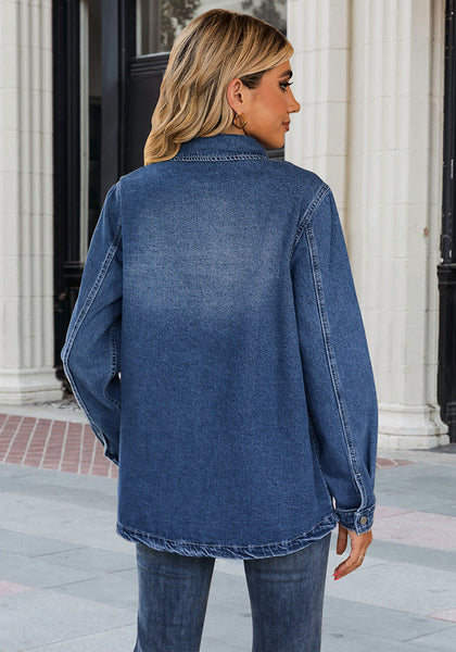 Classic Blue Women's Brief Oversized Denim Button Down Long Sleeve  Pocket Jacket