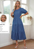 Classic Blue Women's A-Line Elastic Waist Midi Dresses Puff Sleeve Denim Dress