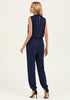 Dark Blue Women's Sleeveless Drawstring Jumpsuit with Stretchy Long Pants Jogger