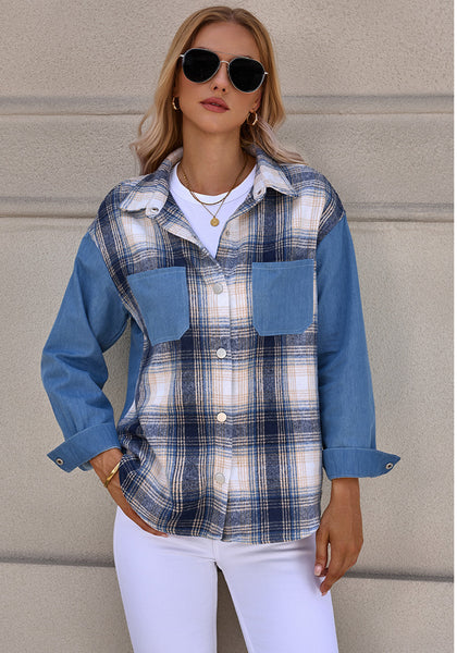 Blue Plaid Women's Brief Button Down Denim Loose Plaid Flannel Shirt Coats Jackets