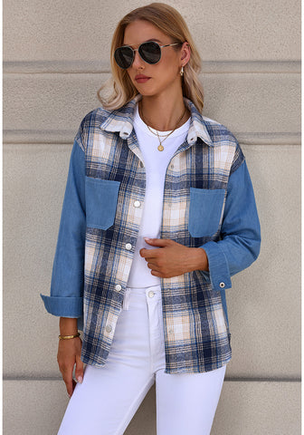 Blue Plaid Women's Brief Button Down Denim Loose Plaid Flannel Shirt Coats Jackets