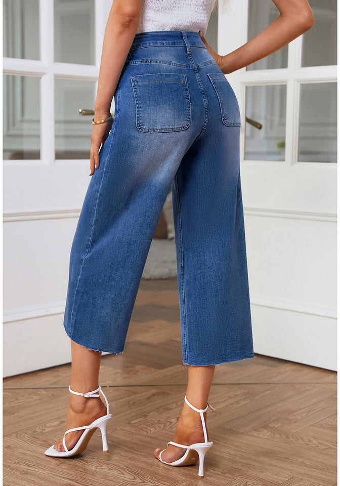 Classic Blue Women's High Waisted Denim Capri Pants Seamed Front
