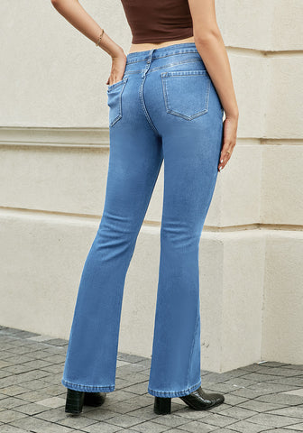 Medium Blue Bootcut High Waisted Denim Pants Stretchy Fleece-Lined Pants