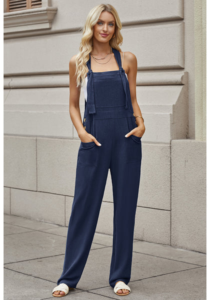 Navy Blue Women's Casual Baggy Linen Overall Summer Pockets Bib Overalls