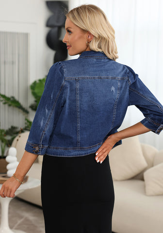 Lapis Storm Women's Brief Vintage Distressed Stretchy Puff Sleeve Denim Jackets