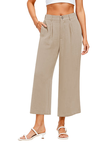 Almond Women's High Waisted Wide Leg Capri Pants Linen Flowy Pleated Casual Cropped Trousers