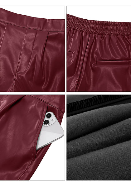 Wine Red Women’s Faux Leather Shorts PU Leather Relaxed Fit Ultra High Rise Elastic Shorts