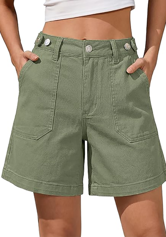 LookbookStore Women's Army Green High Waisted Wide Leg Cinch Waist Stretchy Denim Shorts Casual Summer Mid Thigh Jorts