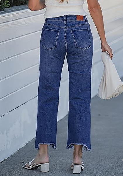 LookbookStore Women's Darkness Blue Mid Rise Straight Leg Cropped Jeans Baggy Loose Distressed Raw Hem Stretchy Denim Pants